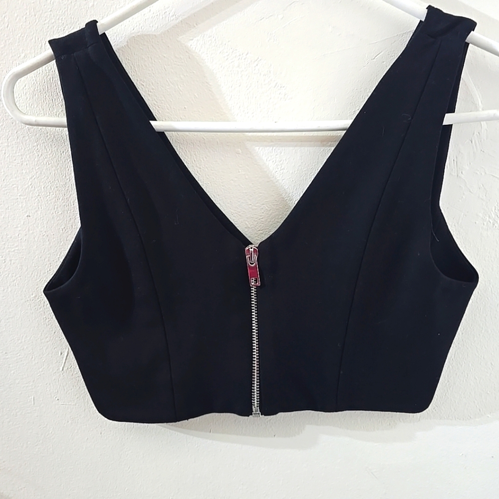 Zara Black V-Neck Crop Full Zip Top Small